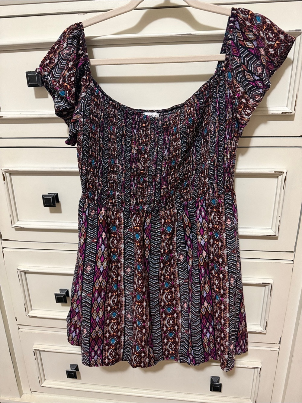 love, Fire Smocked Off-Shoulder Tunic in Brown & Purple & Turquoise